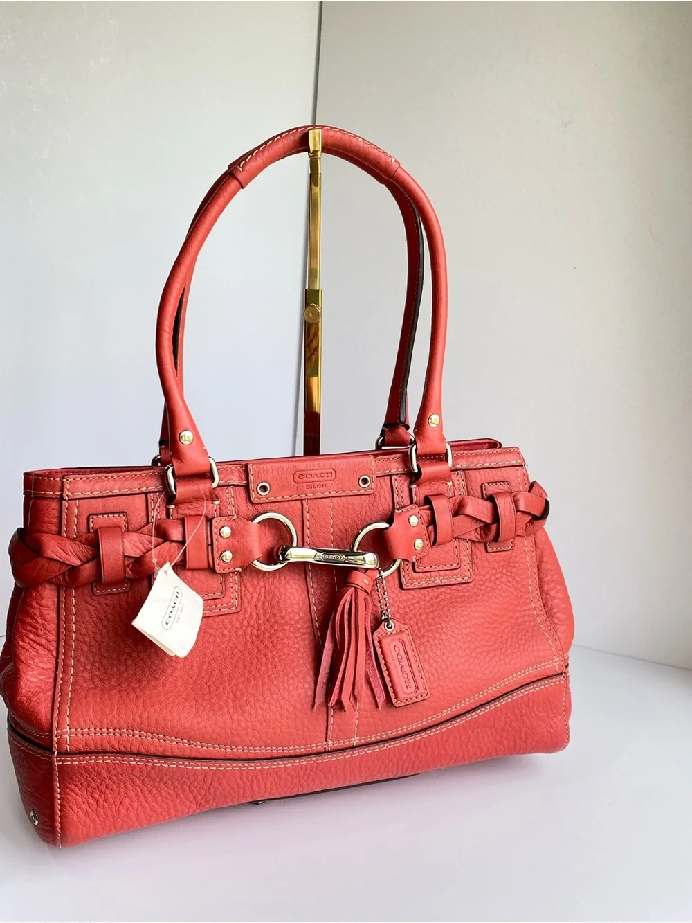 Coach Hamilton Braided Belted Leather Carryall in Coral Salmon